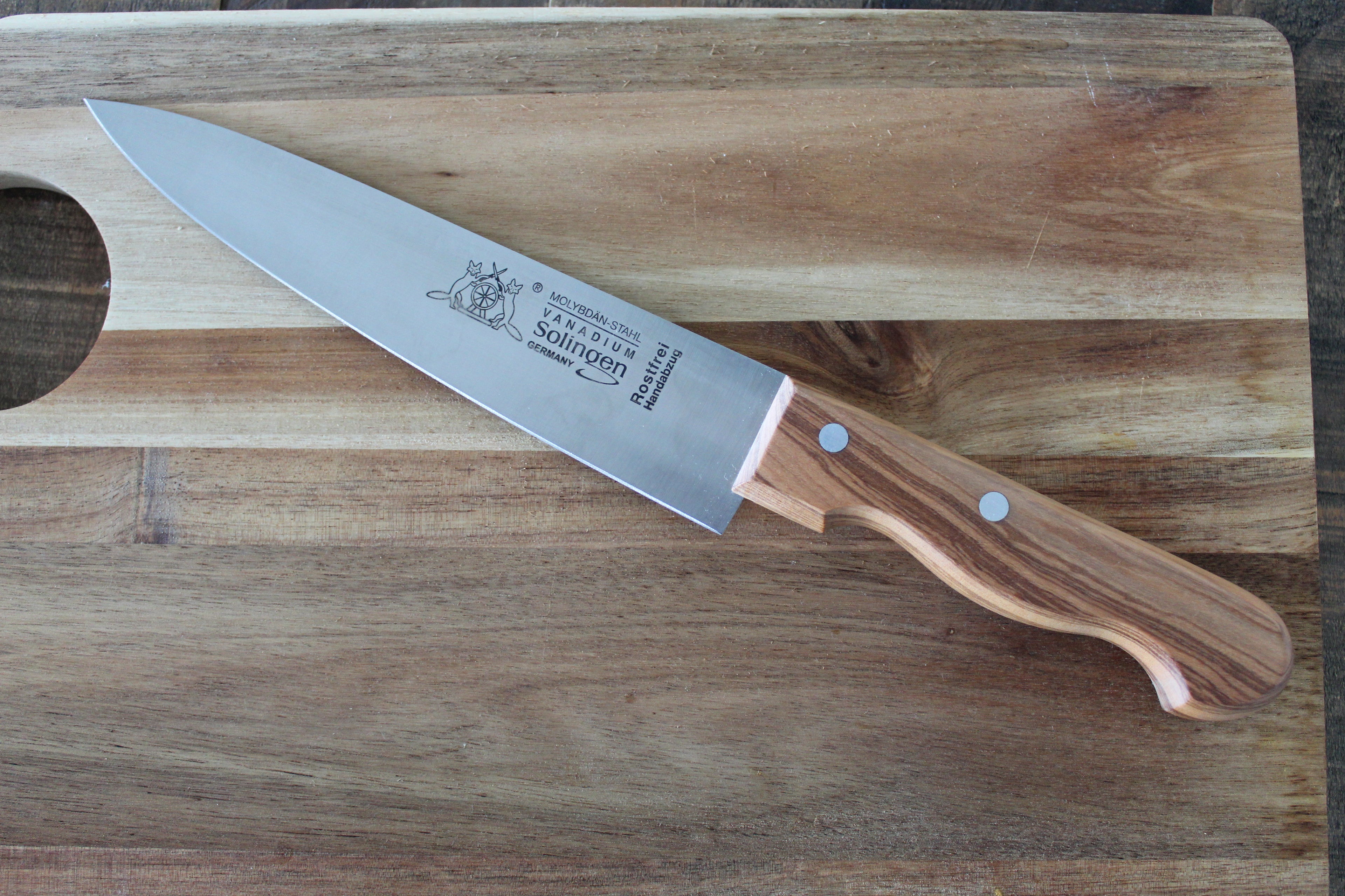 Kochmesser 20cm, Olivenholzgriff, Edelstahlklinge, Made in Solingen