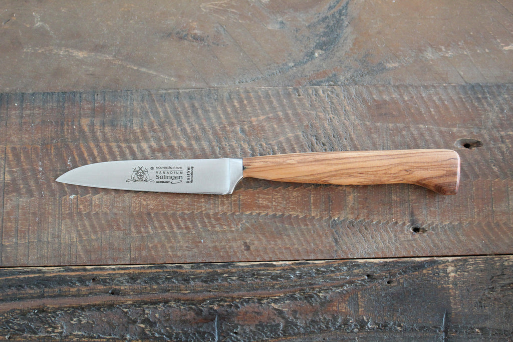 Küchenmesser 10cm, geschmiedete Klinge, rostfrei, Olivenholzgriff, Made in Solingen
