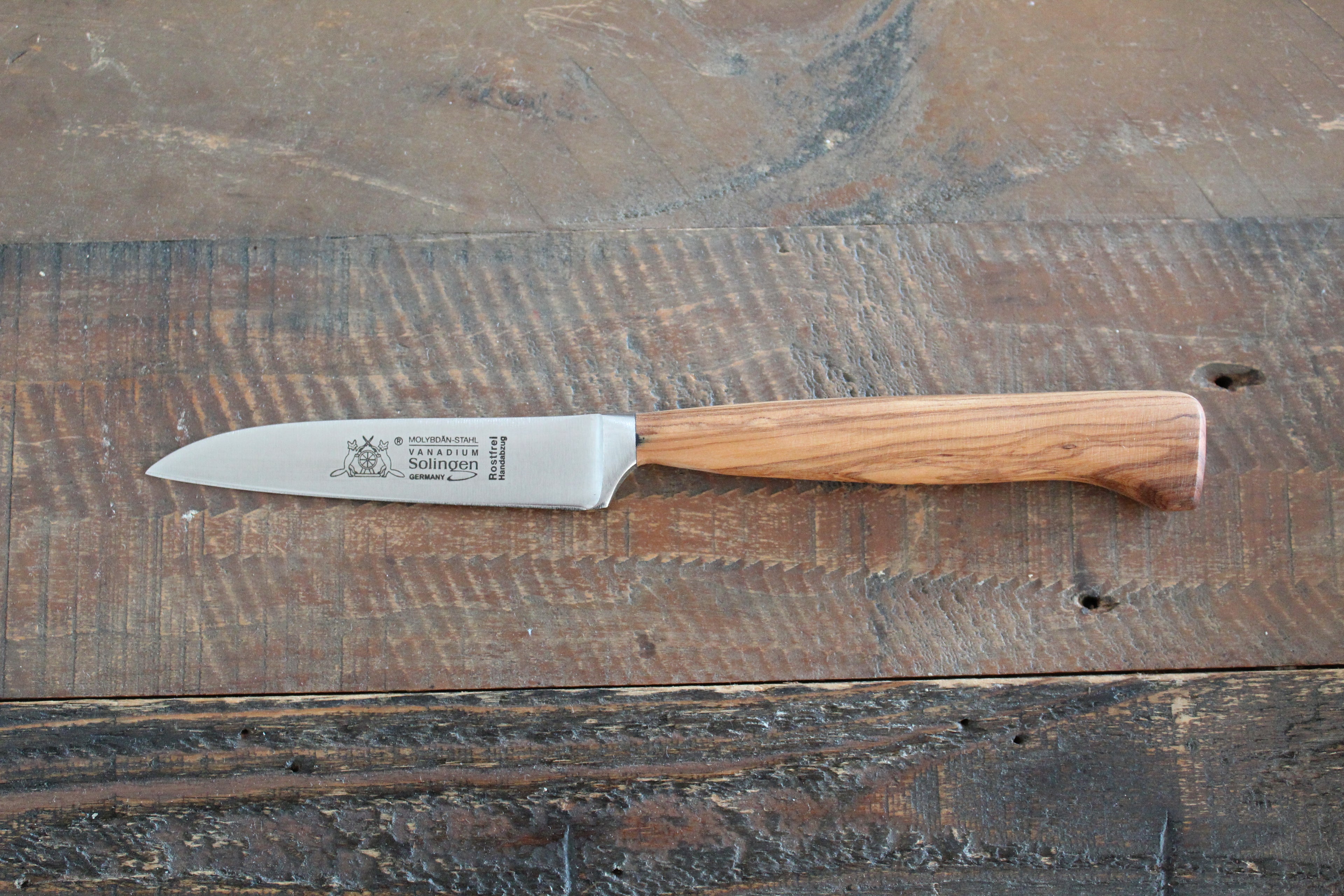 Küchenmesser 10cm, geschmiedete Klinge, rostfrei, Olivenholzgriff, Made in Solingen
