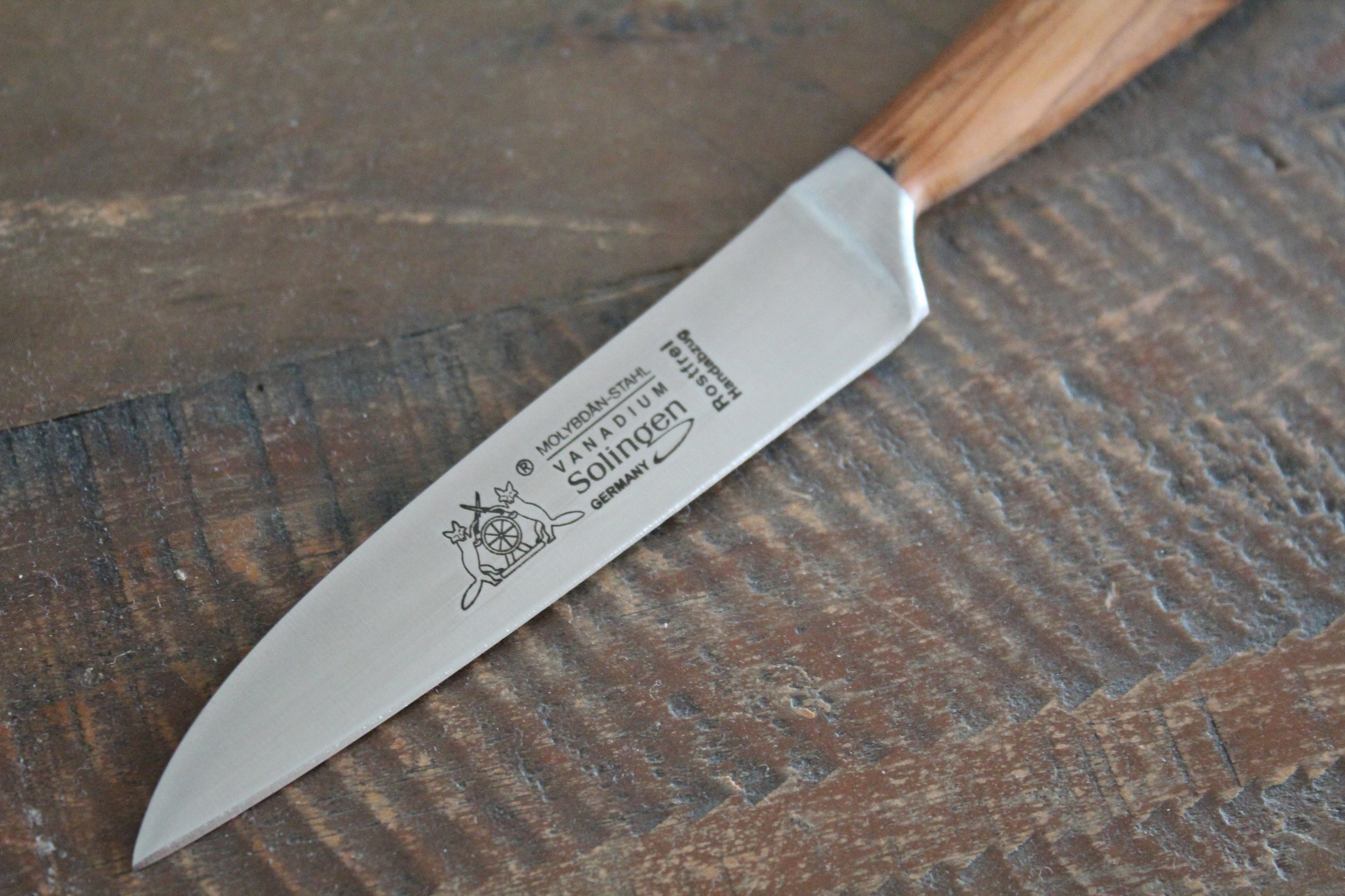 Küchenmesser 10cm, geschmiedete Klinge, rostfrei, Olivenholzgriff, Made in Solingen
