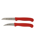 Zwei übereinander liegende Küchenmesser. Das obere Küchenmesser hat eine gerade Klinge und das untere hat eine gebogene Klinge. Beide haben einen roten Kunststoffgriff. Auf den Klingen ist der Solingen Schriftzug, sowie das Logo zu sehen.